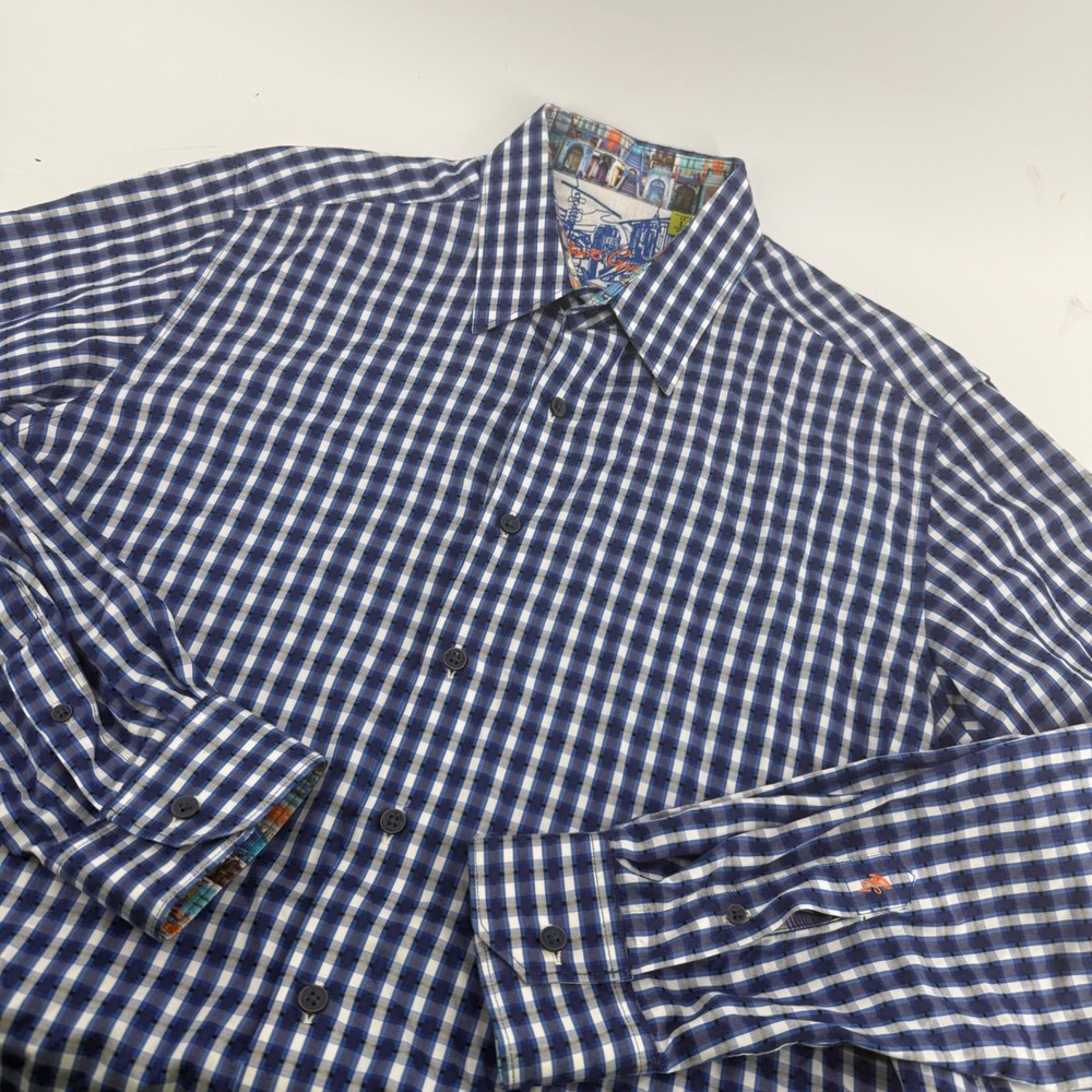 Robert Graham Mens Classic Fit Blue White Gingham Check Button Down Shirt Large